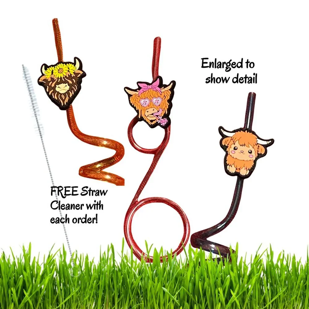 Silly Highland Cow Straw Bundle of 3 - RED, ORANGE & BLUE